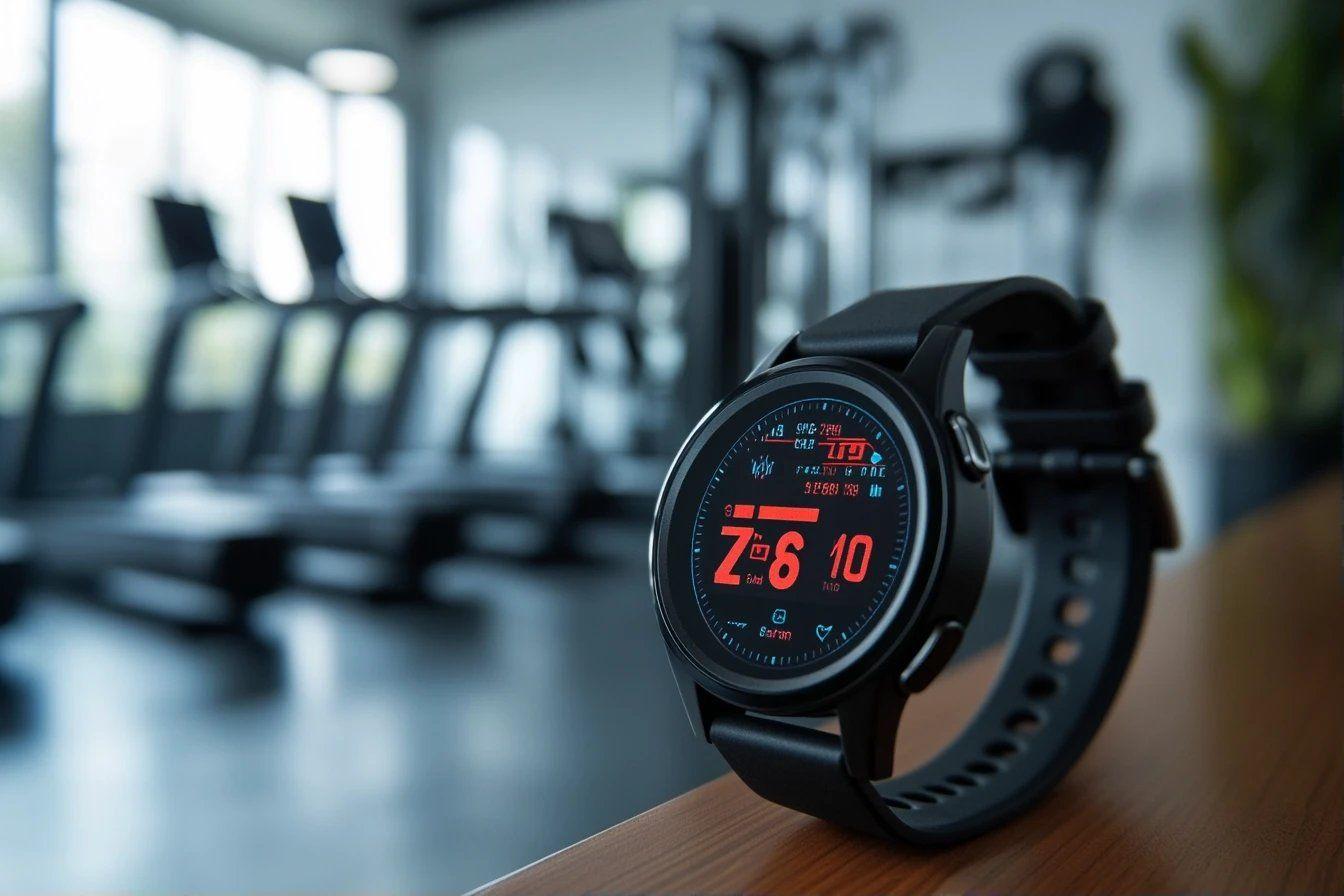 Montre intelligente noire sur table, équipements de sport flous
