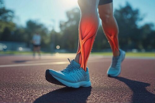 Jambe de coureur avec muscles de mollet en surbrillance rouge