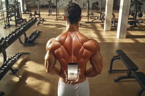 Dos musclé tenant un smartphone, vue de dos