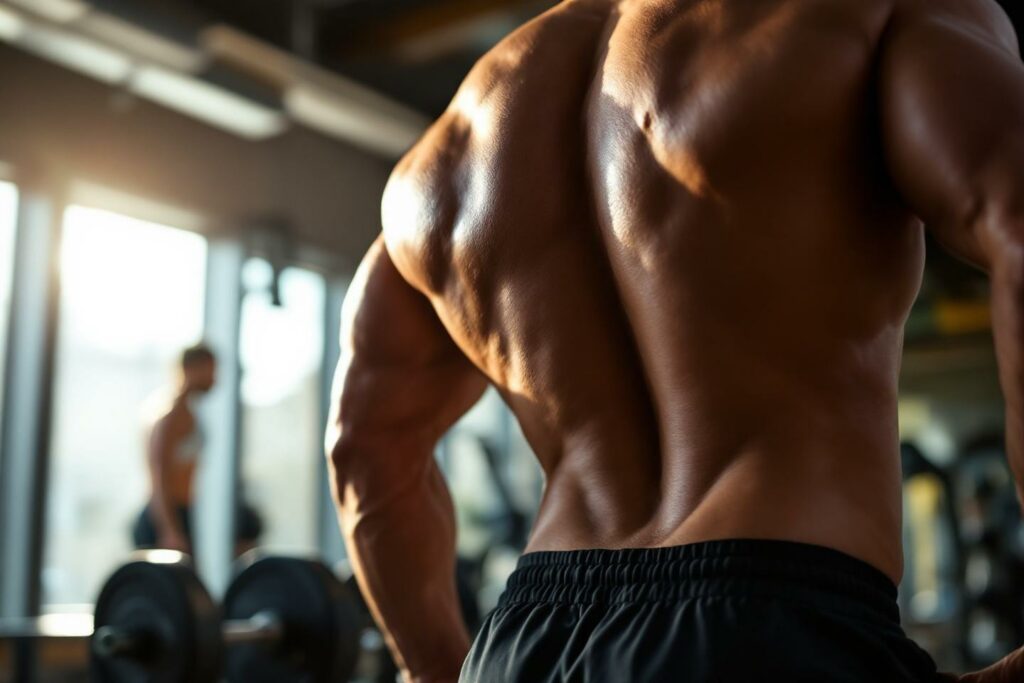 Dos musclé d'un athlète dans un gymnase lumineux