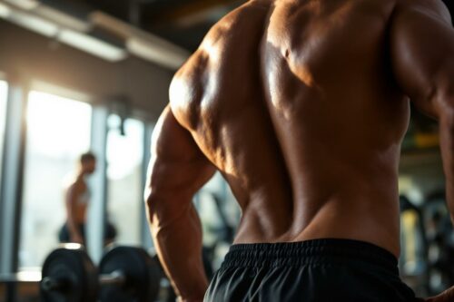 Dos musclé d'un athlète dans un gymnase lumineux