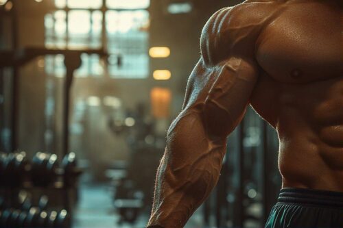 Bras musclé et transpirant dans une salle de gym