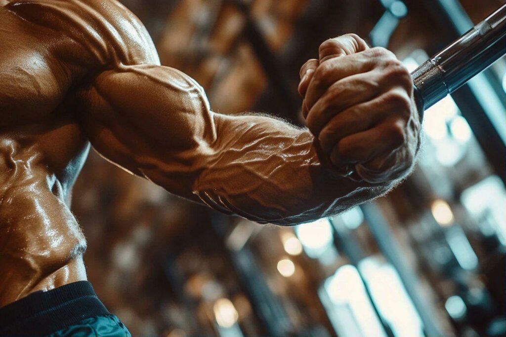 Bras musclé en gros plan pendant un exercice intense