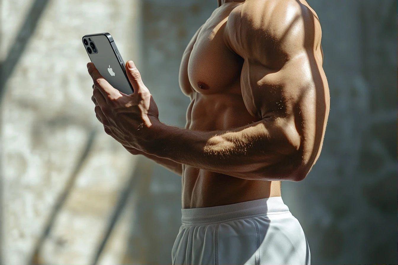 Torse musclé tenant un iPhone près du corps