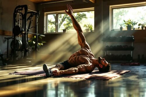 Homme musclé s'entraînant sur un tapis de yoga lumineux