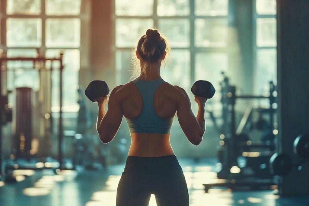 Femme de dos soulevant des haltères dans un gymnase ensoleillé