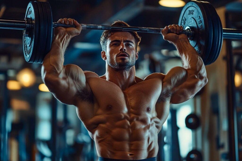 Athlète musclé soulevant une barre lourde dans un gymnase sombre