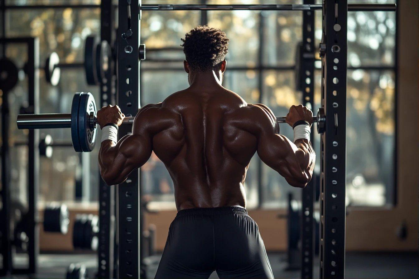 Homme musclé soulevant une barre en salle de sport