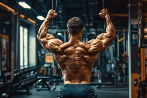 Culturiste de dos, muscles développés, salle de fitness industrielle