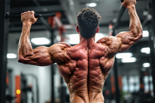 Athlète musclé de dos dans une salle de musculation
