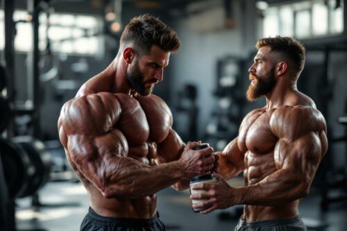 Deux culturistes musclés se tiennent dans une salle de sport
