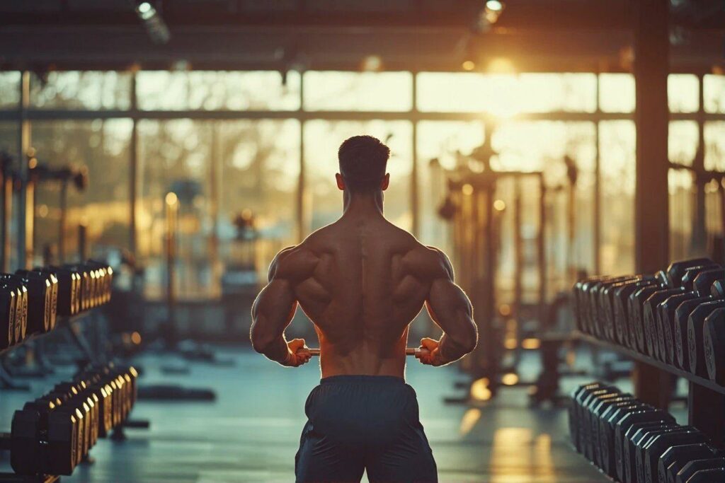 Homme musclé de dos dans une salle de fitness lumineuse