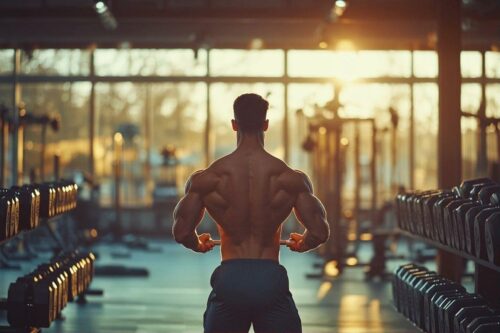 Homme musclé de dos dans une salle de fitness lumineuse