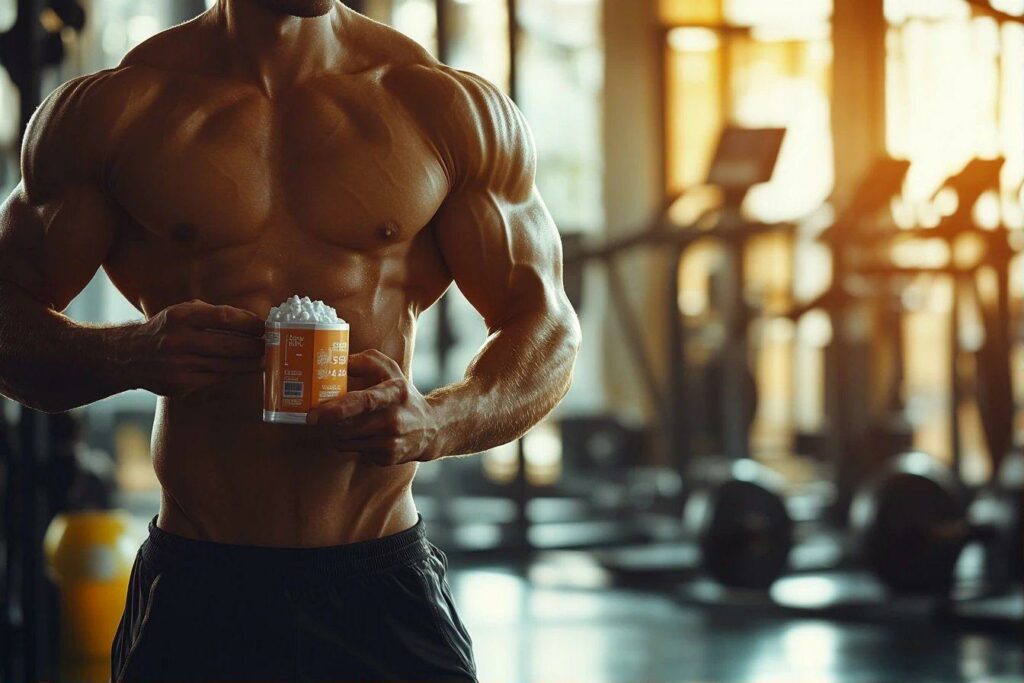 Bodybuilder musclé tenant un supplément dans une salle de sport