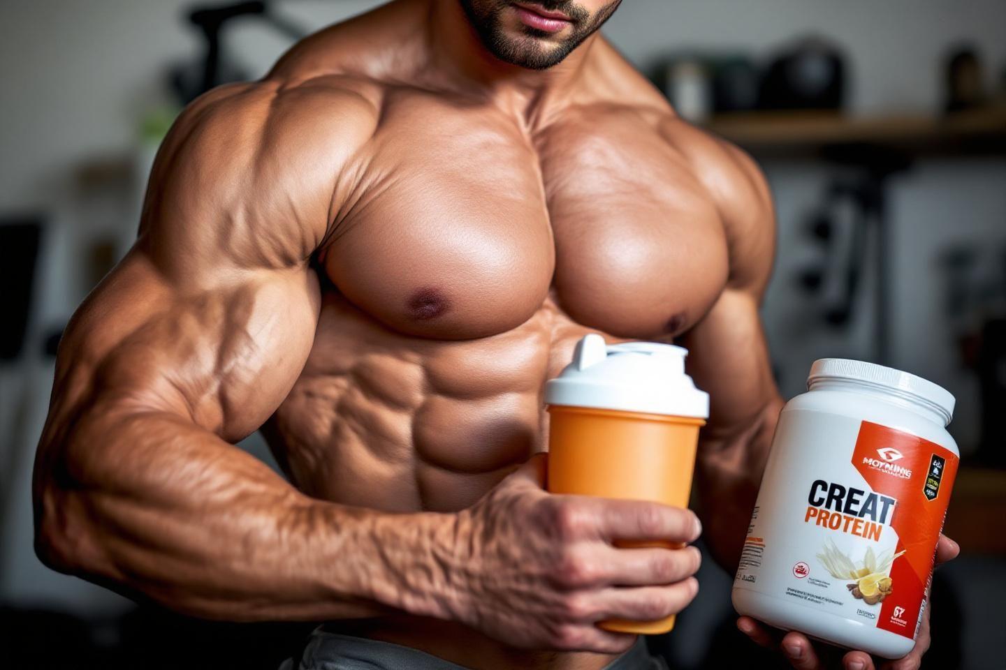 Bodybuilder musclé tenant un shaker et un pot de protéines