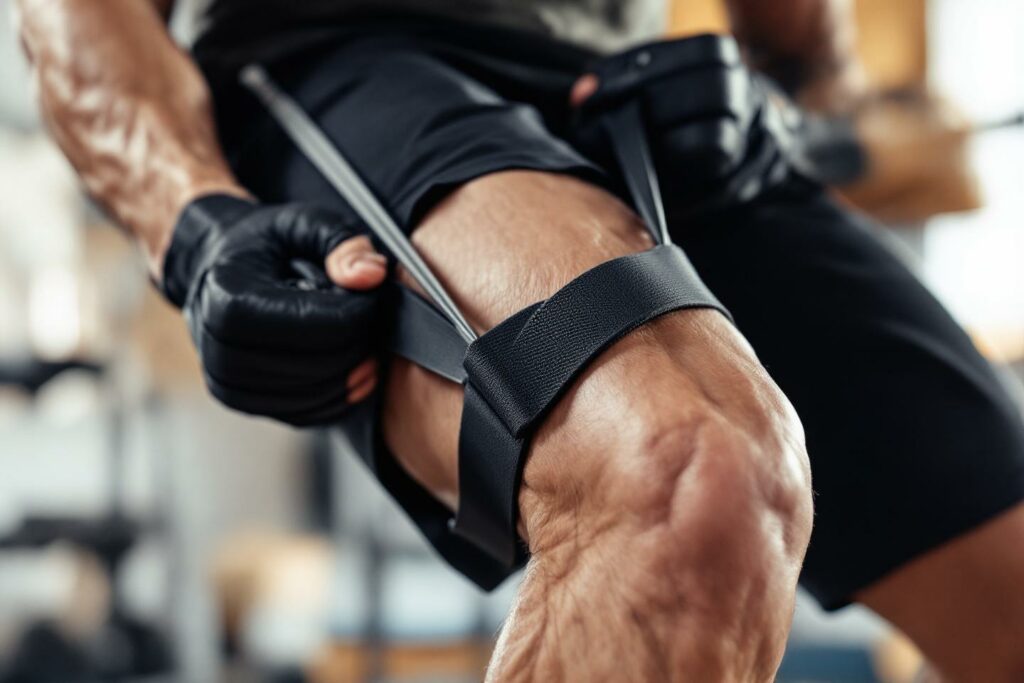 Main gantée avec bande de support pendant exercice de musculation