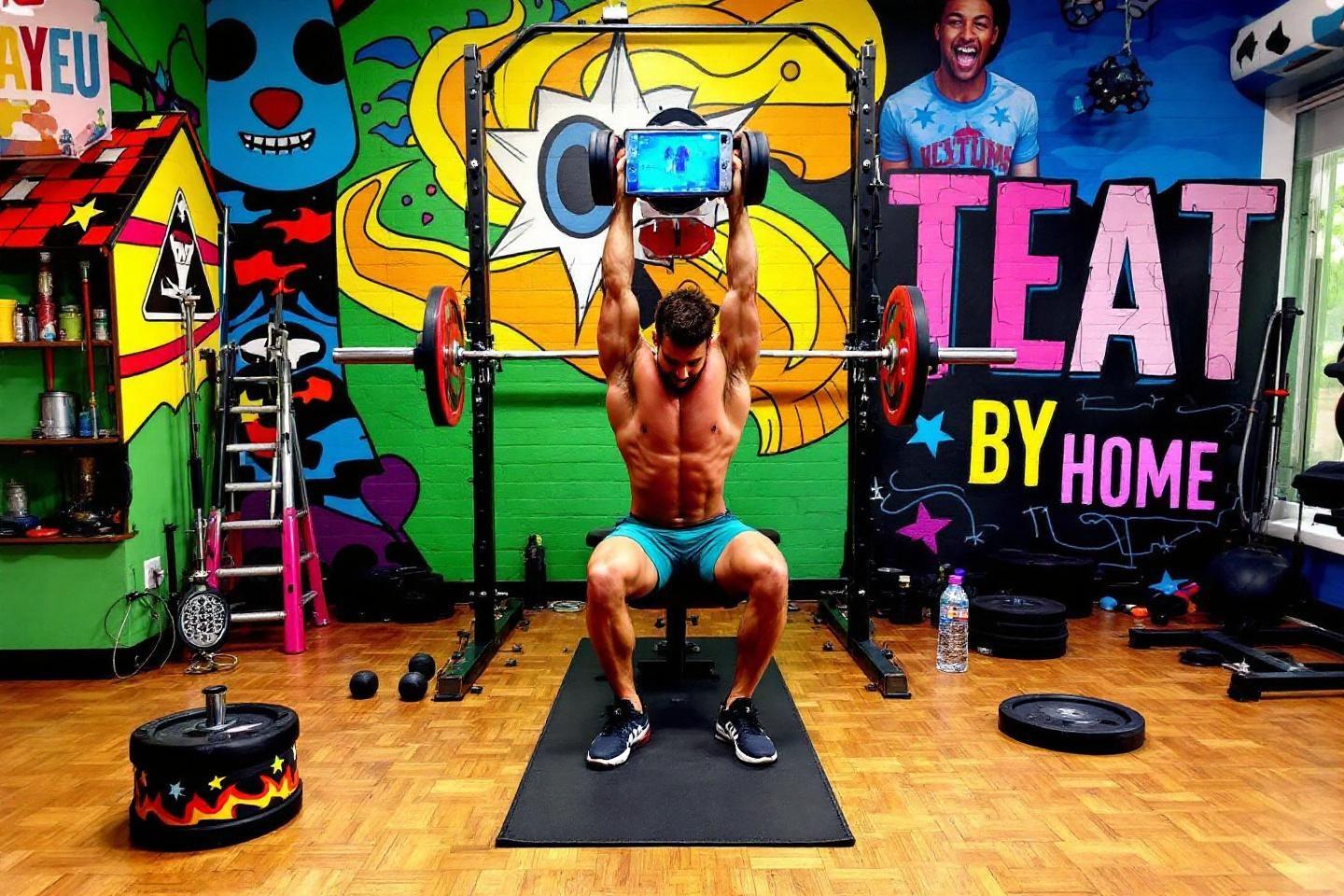 Homme musclé soulevant des poids dans un gymnase coloré