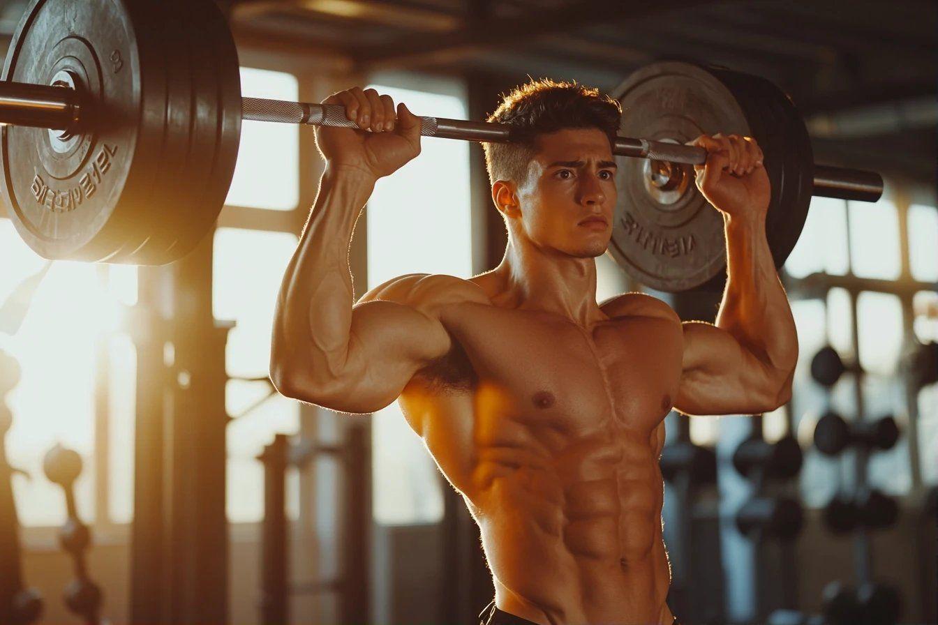 Homme musclé soulevant une barre lourde dans un gymnase