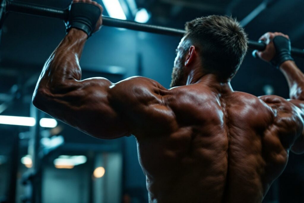 Athlète musclé soulevant des poids dans un gymnase sombre