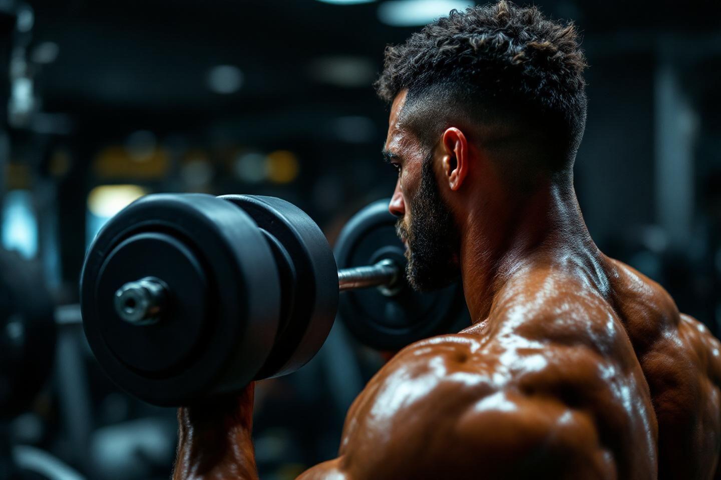 Athlète musclé soulevant des haltères dans un gymnase sombre