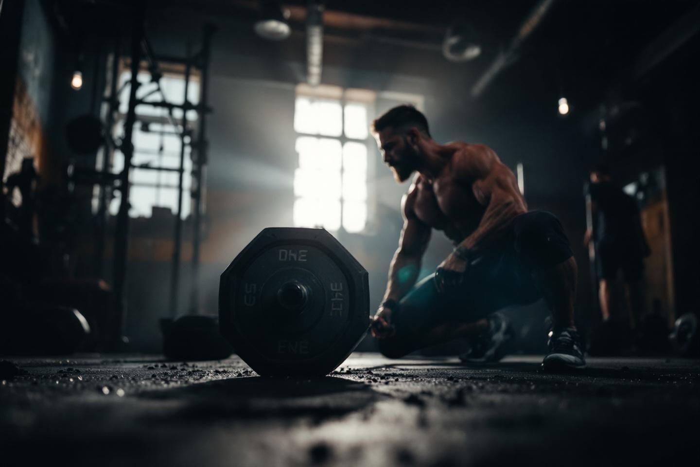 Athlète musclé soulevant un poids dans un gymnase sombre