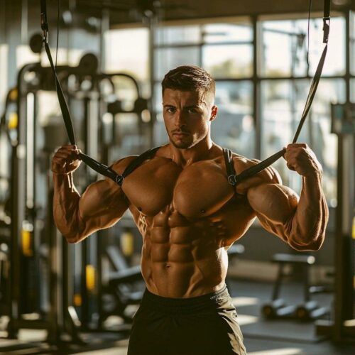 Athlète musclé s'entraînant avec des câbles dans un gymnase