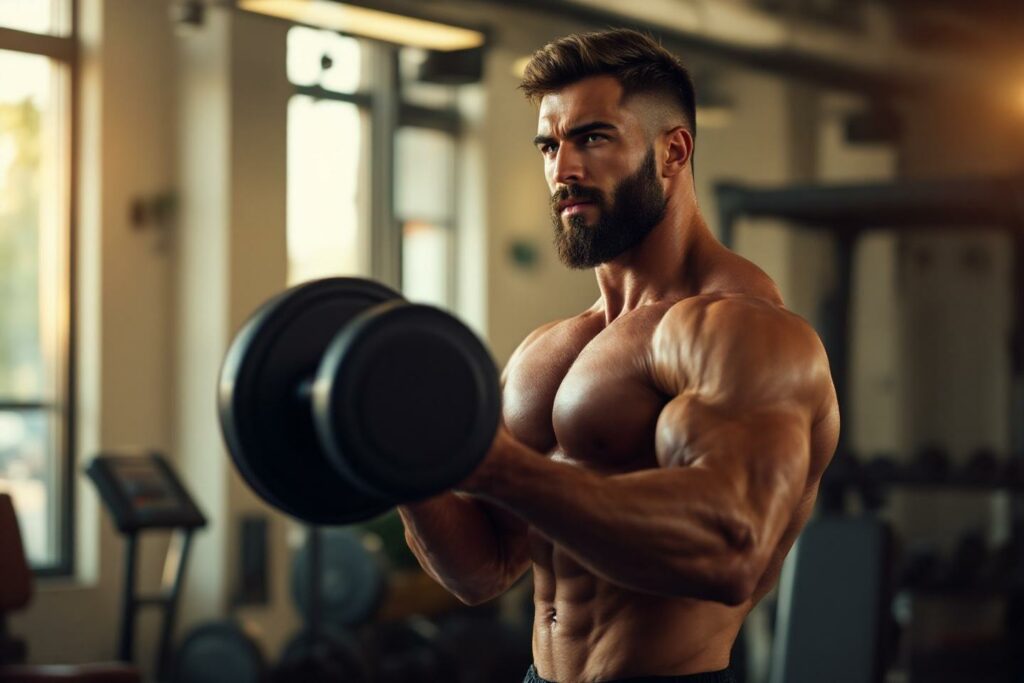 Homme musclé soulevant un haltère dans un gymnase