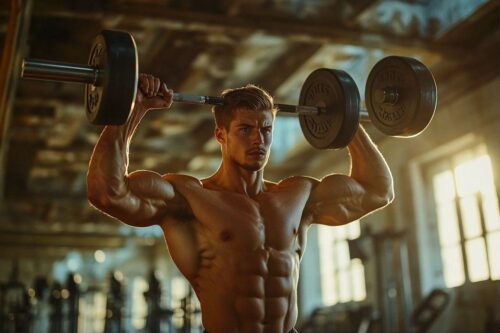 Athlète musclé soulevant des haltères dans un gymnase