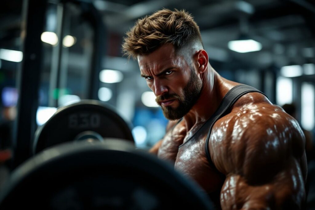 Athlète musclé soulevant un haltère dans un gymnase sombre