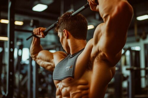 Athlète musclé s'entraînant avec un câble dans un gymnase