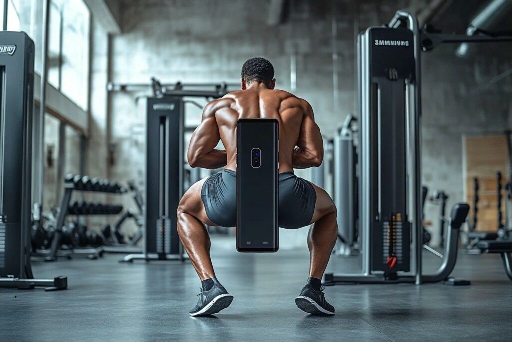 Athlète musclé faisant des squats dans un gymnase