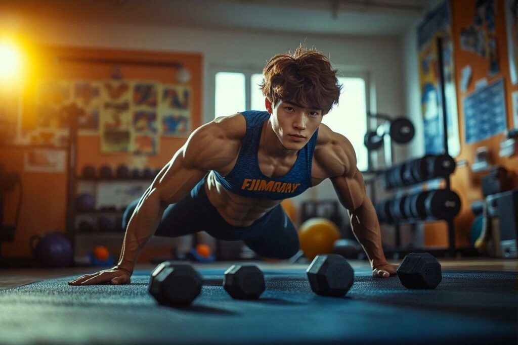 Athlète en débardeur bleu s'entraînant avec des haltères