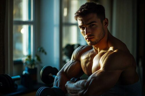 Homme musclé soulevant des haltères dans une lumière douce