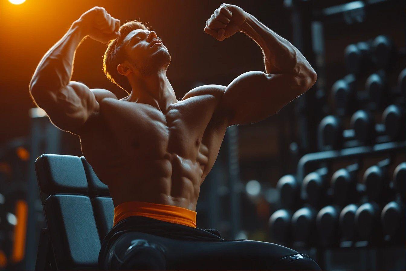 Athlète musclé célébrant sa force dans une salle de gym