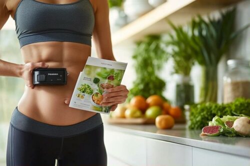 Abdos athlétiques avec brochure et fruits, concept de régime