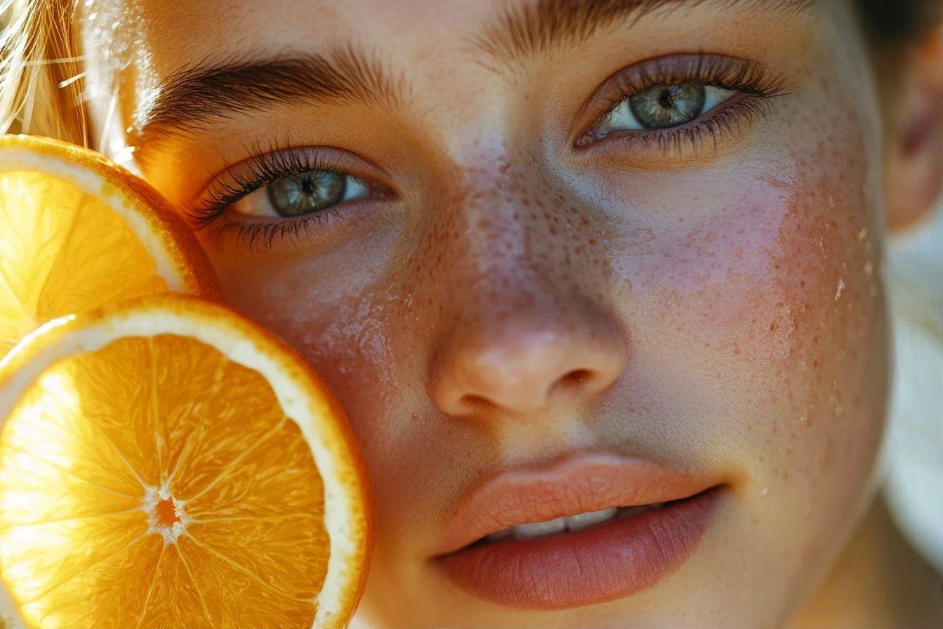 Gros plan visage avec taches de rousseur et orange fraîche