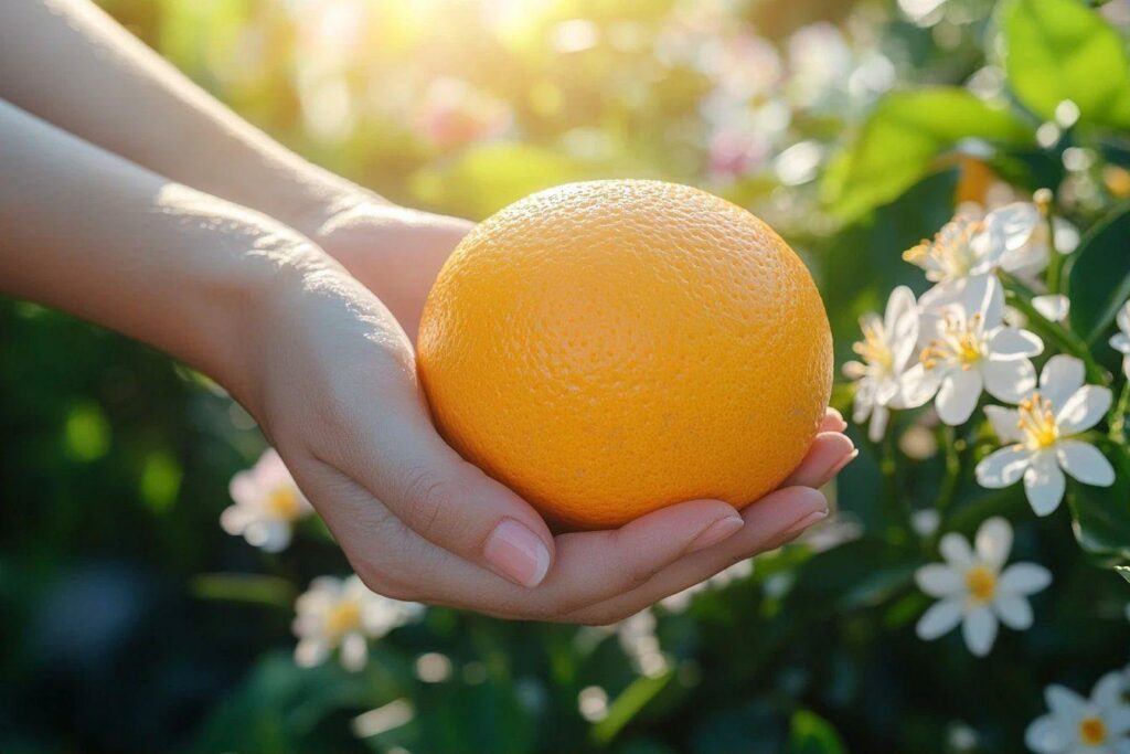 Main tenant une orange mûre près de fleurs blanches ensoleillées