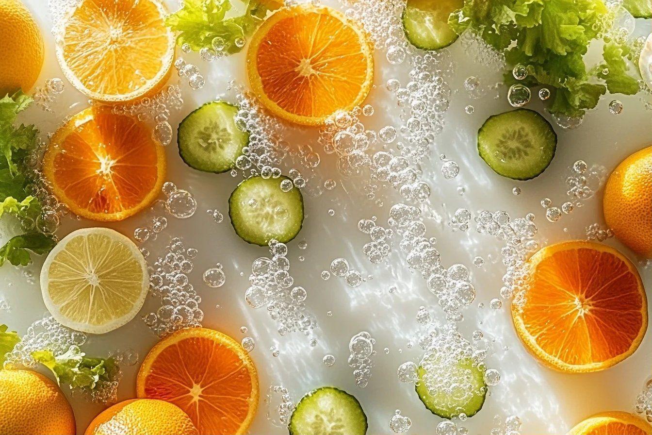 Tranches d'oranges et de concombres avec bulles d'eau