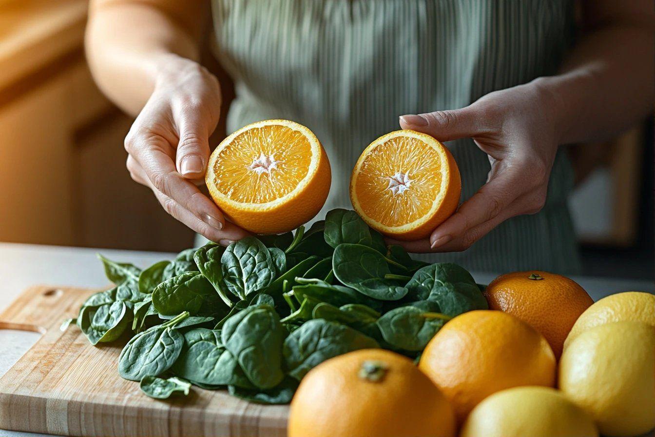 Deux mains tenant des oranges coupées près des épinards