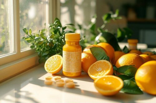 Bouteille jaune de vitamines entourée d'oranges fraîches