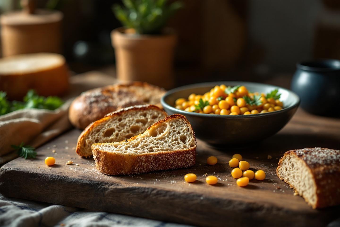Tranches de pain artisanal avec bol de pois jaunes