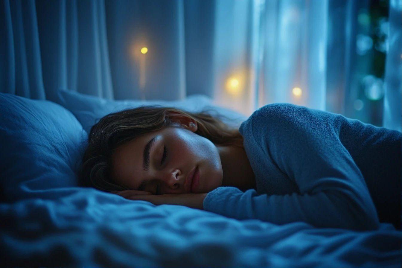 Personne endormie dans un lit bleu, lumières douces en fond