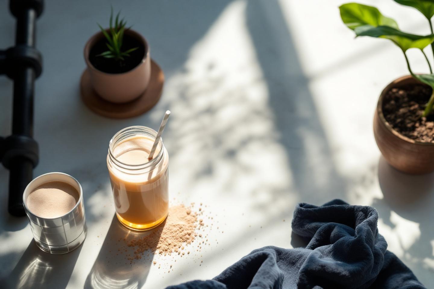 Boisson au café, récipients et plantes sur une surface lumineuse