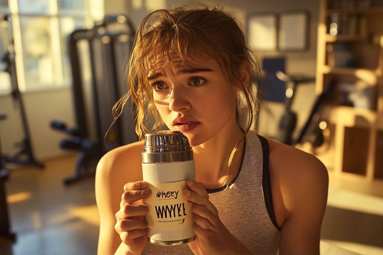 Femme sportive tenant un shaker de protéines dans un gymnase