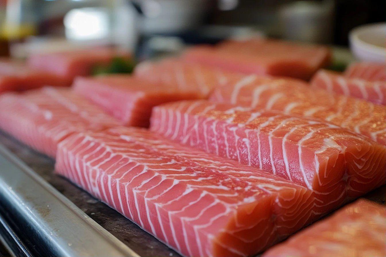 Tranches de saumon rose vif sur plateau métallique