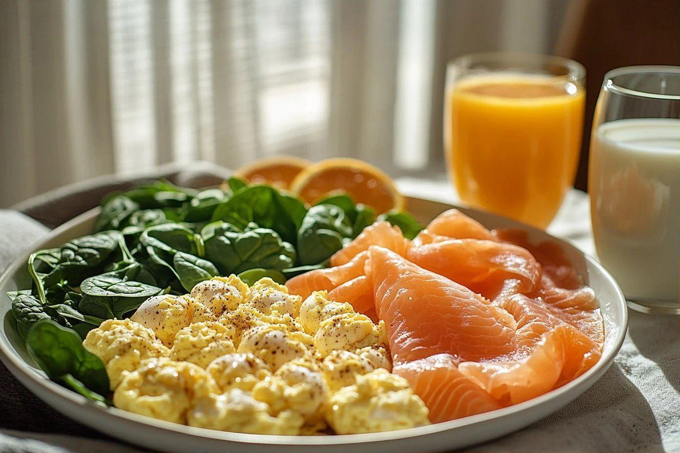 Assiette avec saumon, œufs brouillés et épinards, jus d'orange