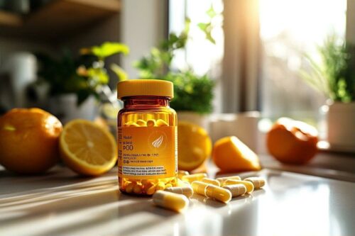 Bouteille de supplément jaune avec capsules et citrons frais