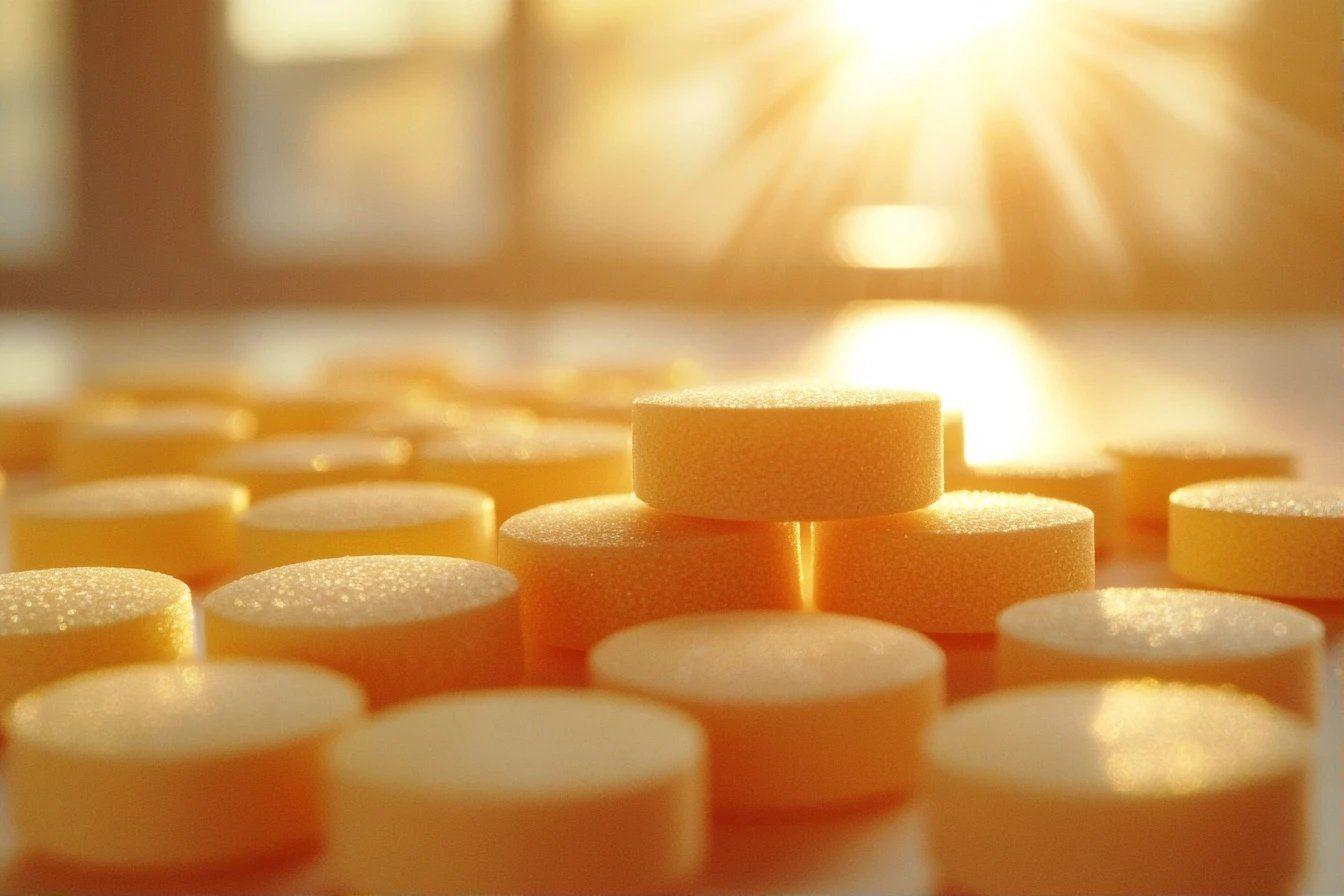 Comprimés pharmaceutiques orangés et blancs dans une lumière dorée