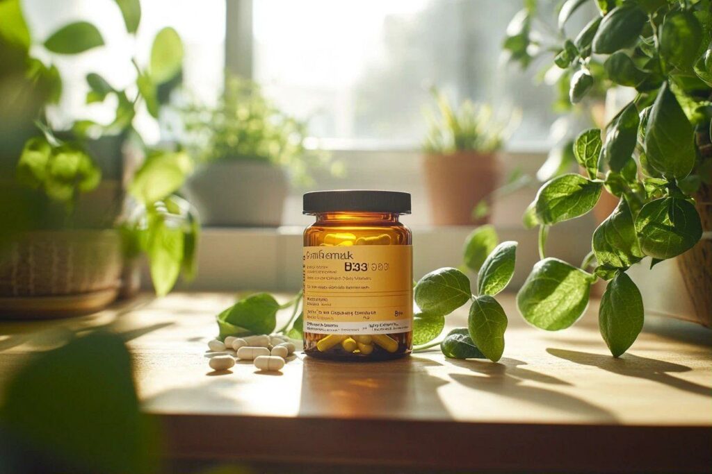 Bouteille de supplément vitaminique B33 avec des capsules et des feuilles vertes