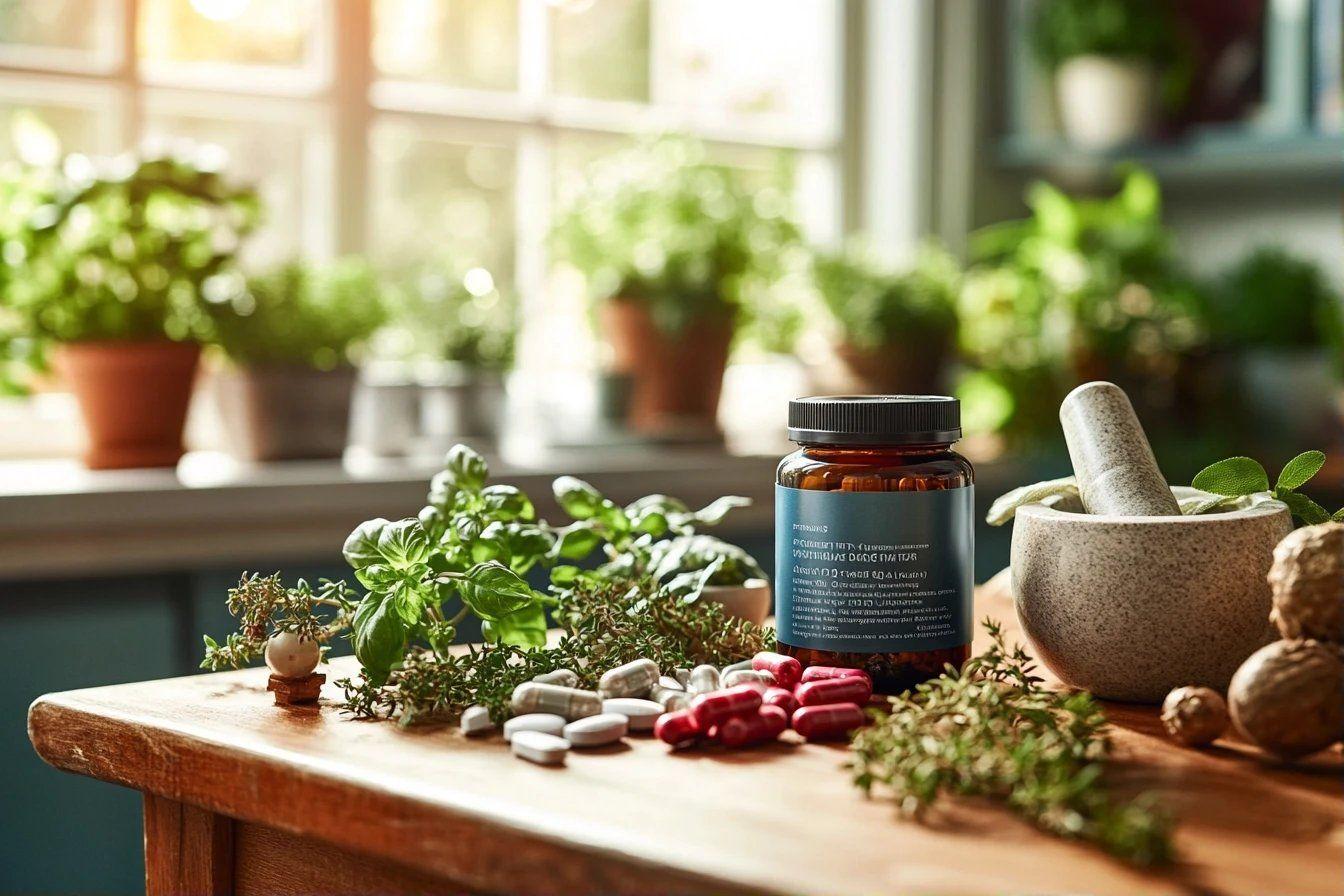 Bouteille de compléments, herbes fraîches et mortier sur table en bois